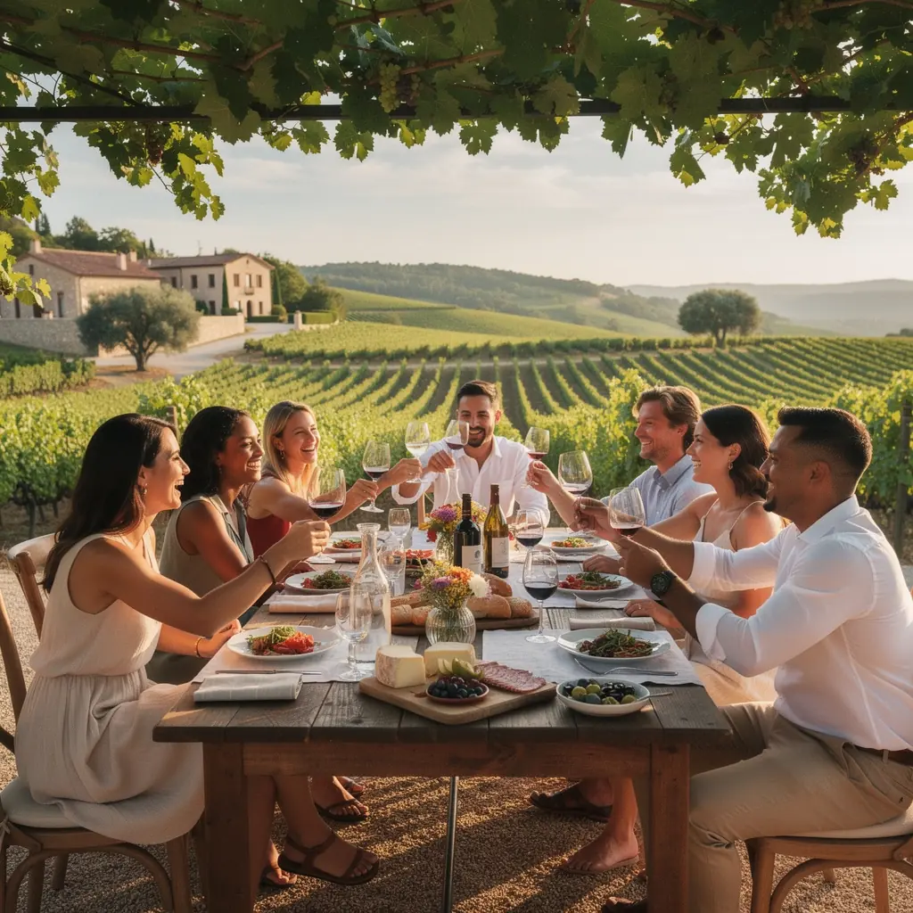Weinlese in vollem Gange in einem idyllischen Weingut.