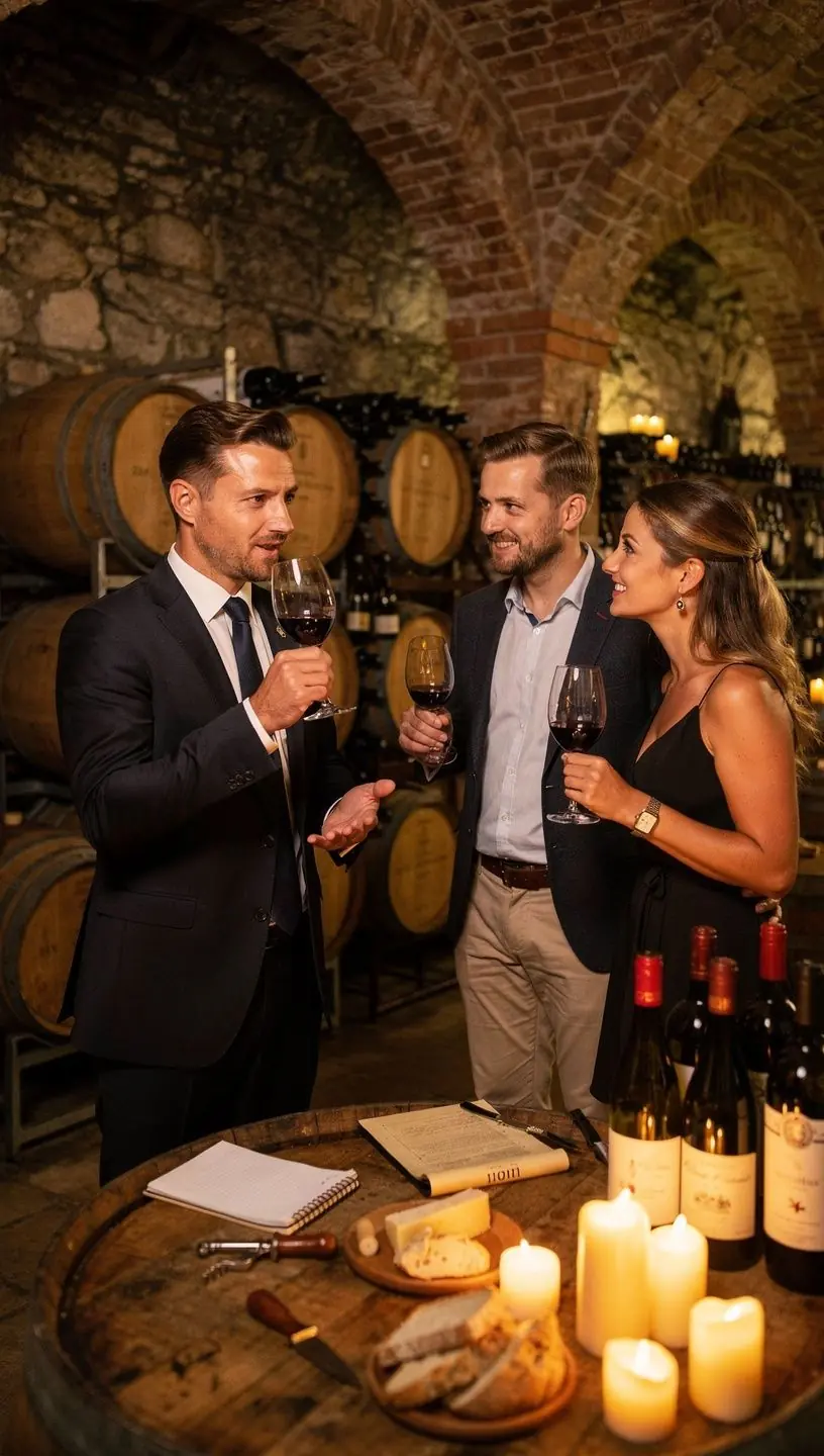 Romantische Weinverkostung im Freien mit Blick auf die Weinlandschaft.