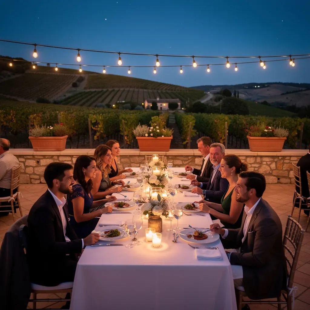 Gemütliche Terrasse eines Weinhofs mit Blick auf die Weinlandschaft
