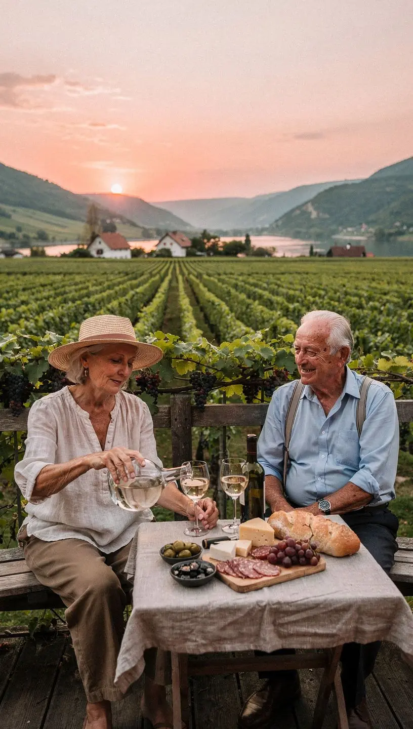Panoramaaufnahme des Wachau-Tals mit Weinfeldern und Fluss